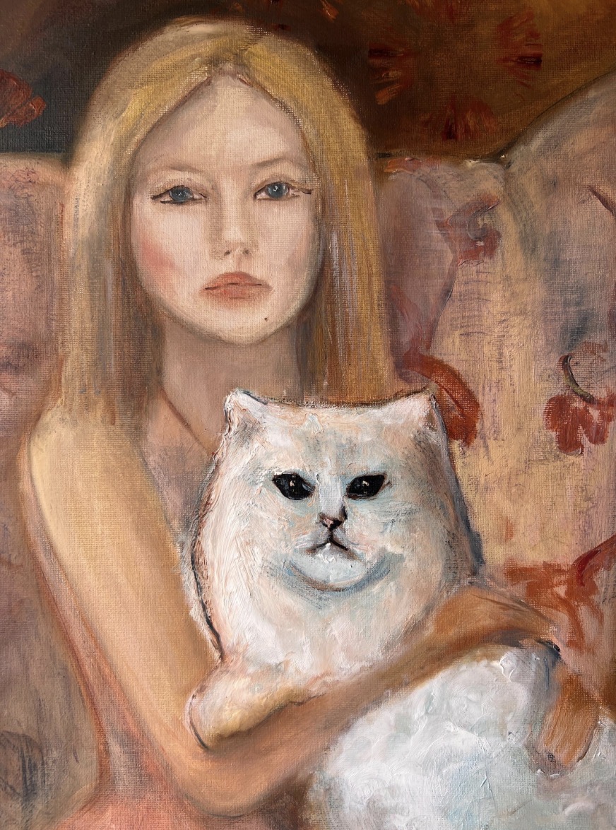 Detail of Girl and Solomon the Cat showing the girl's face and the white cat